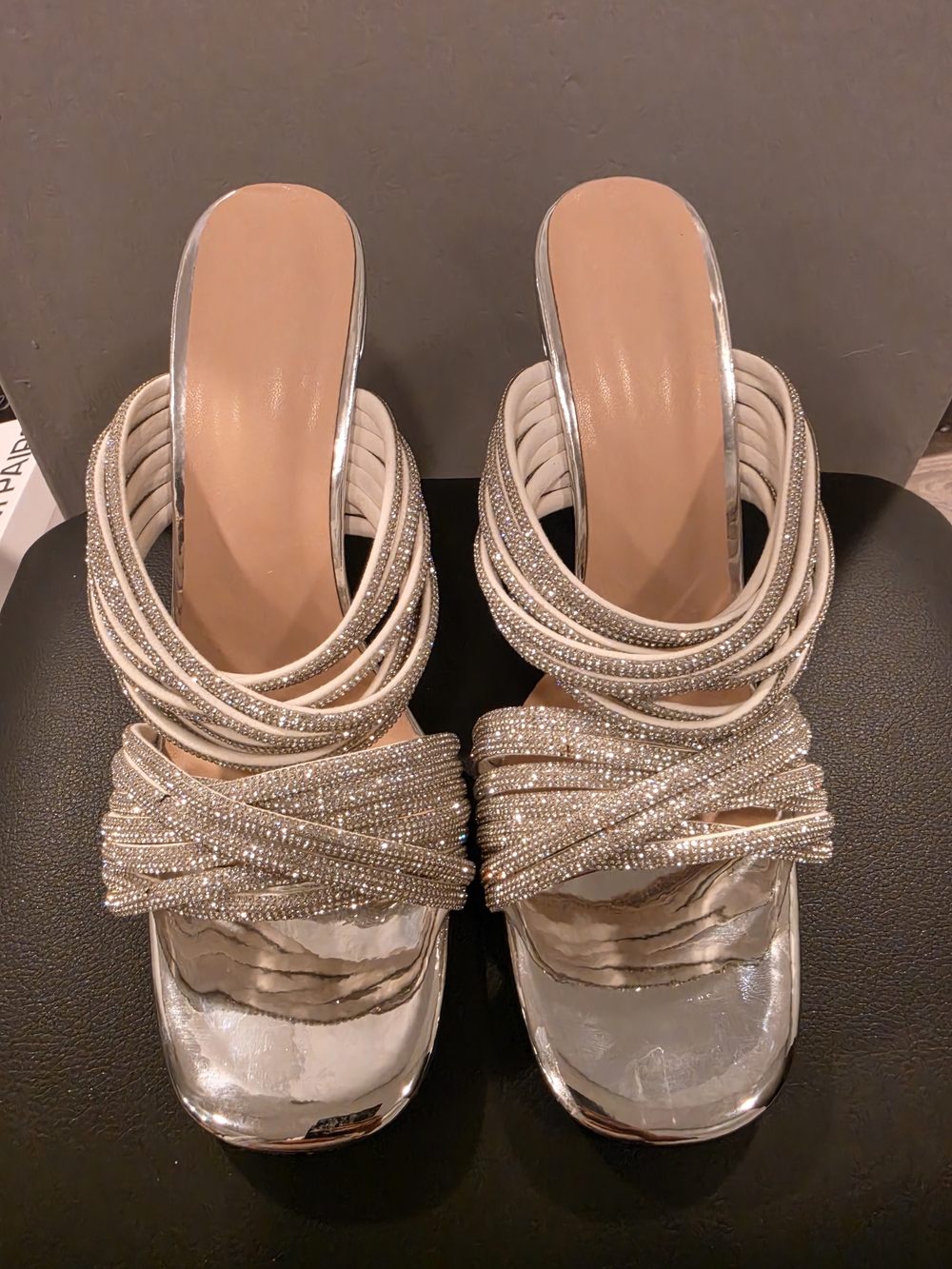Rhinestone Wrapped Metallic Slide Heels in Silver